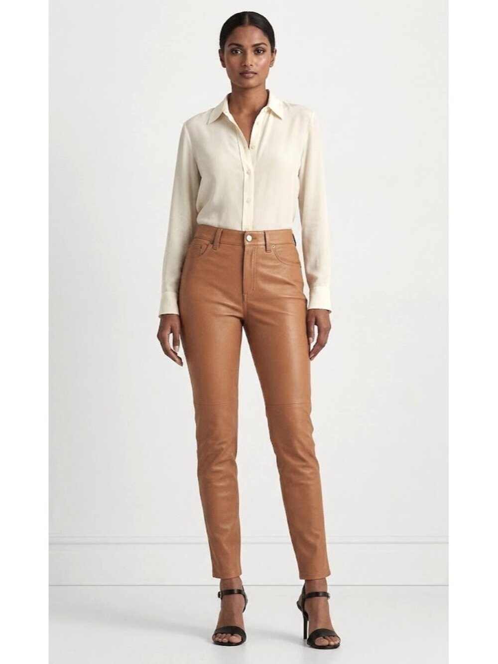 NWT Lauren Ralph Lauren Stretch Leather Skinny Ankle Pant in Camel Pants 2